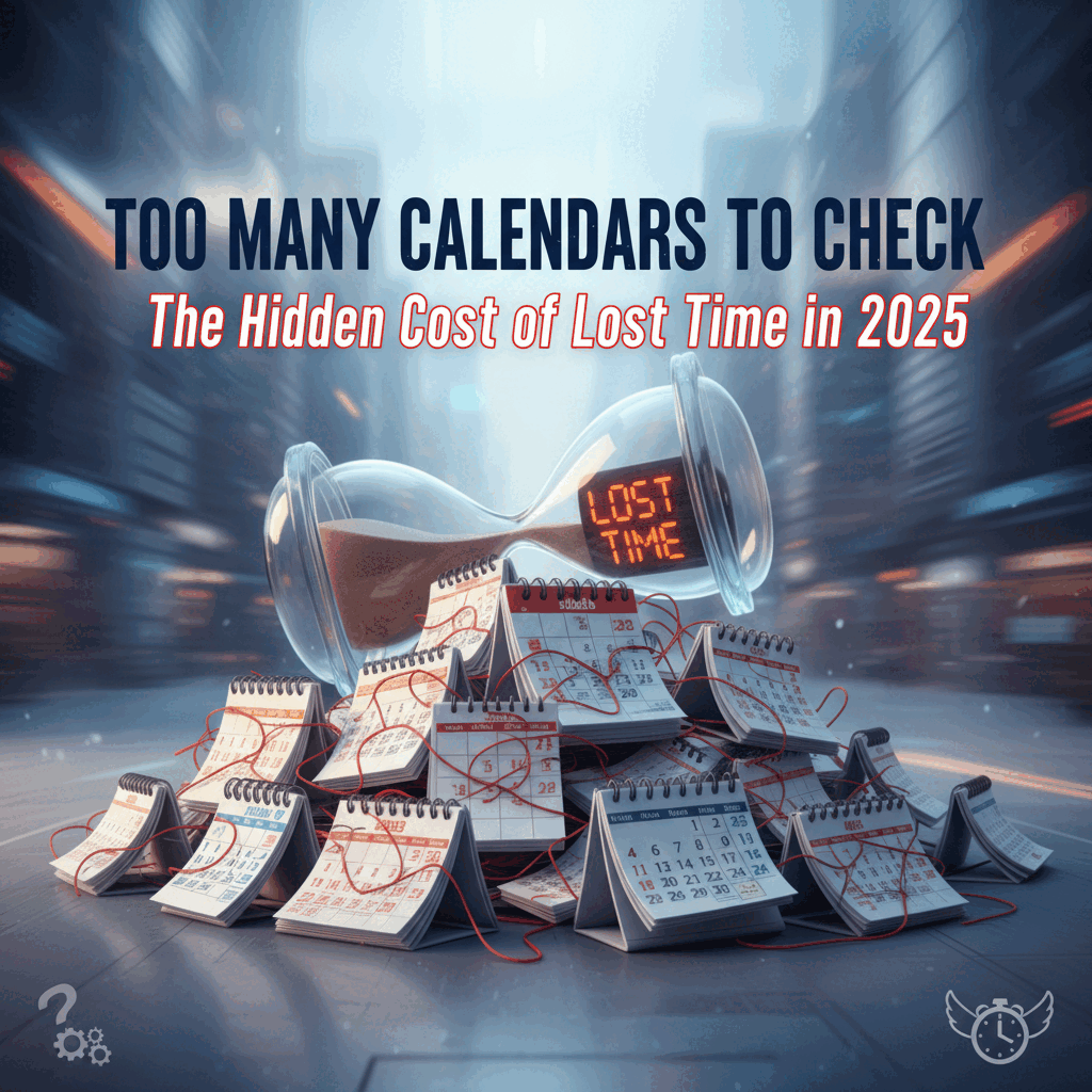 Calendar management interface demonstrating time wasted checking too many calendars with unified scheduling view