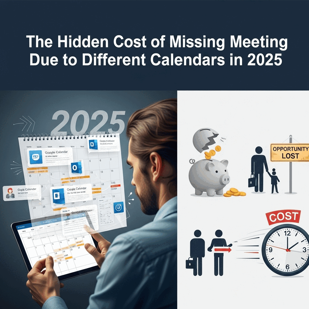 Calendar management interface demonstrating cost missing meetings different calendars with unified scheduling view