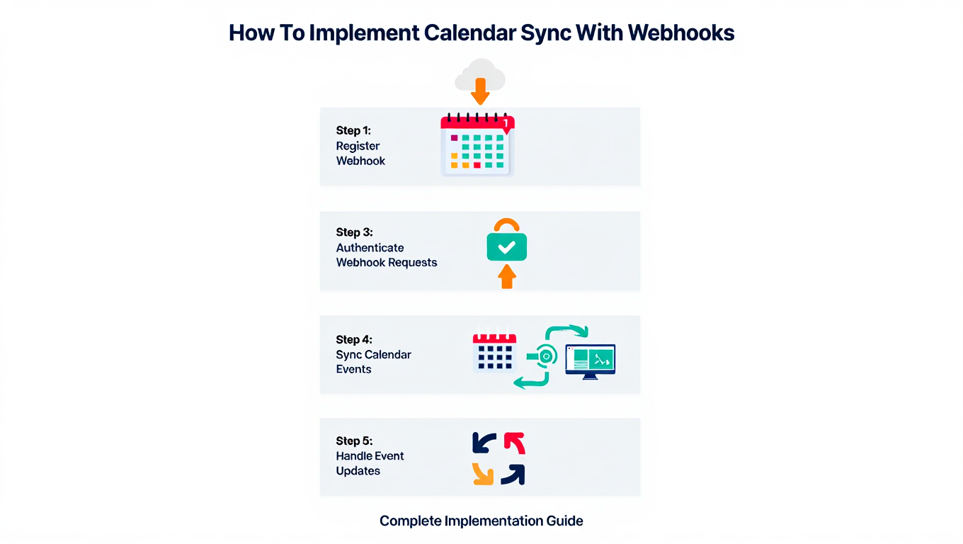 Step-by-step implement calendar sync with webhooks workflow interface showing calendar integration and synchronization pro...