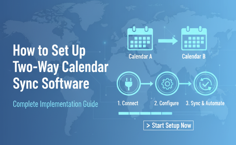 Step-by-step setup two way calendar sync software workflow interface showing calendar integration and synchronization process