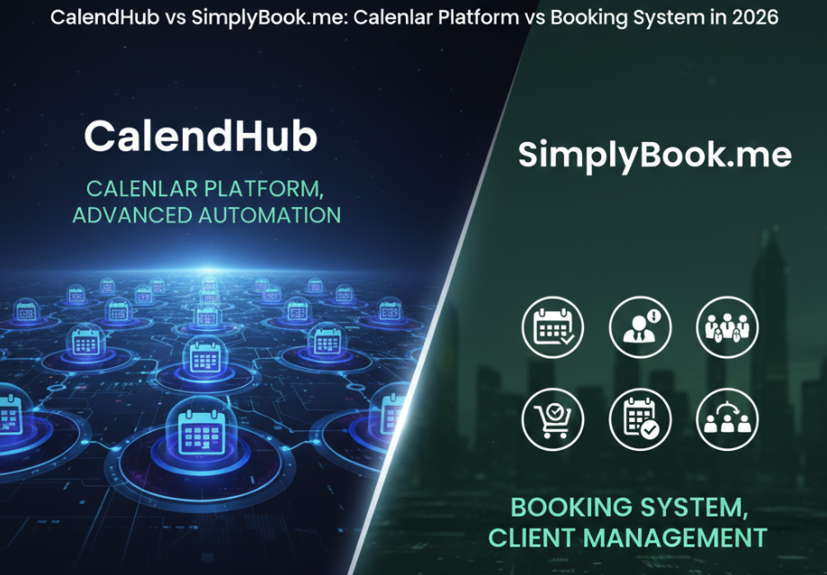 CalendHub vs SimplyBook.me comparison showing calendar platform versus booking system features
